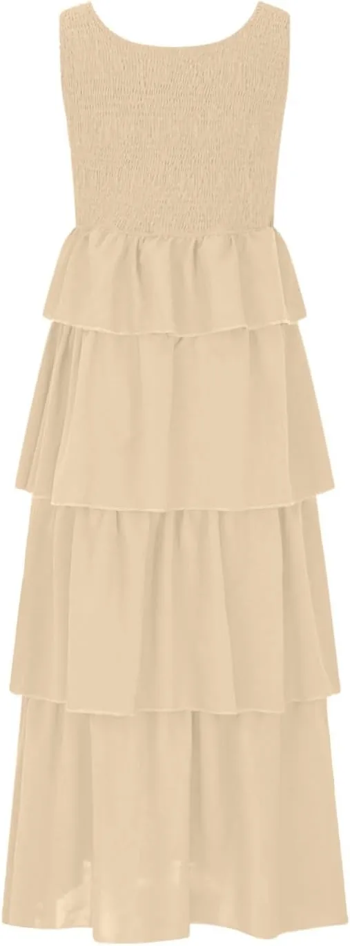 Women's Summer Sleeveless Maxi Sundress Swing Smocked Ruffle Flowy Tiered Wrap Dress Beach Travel Vacation Outfits