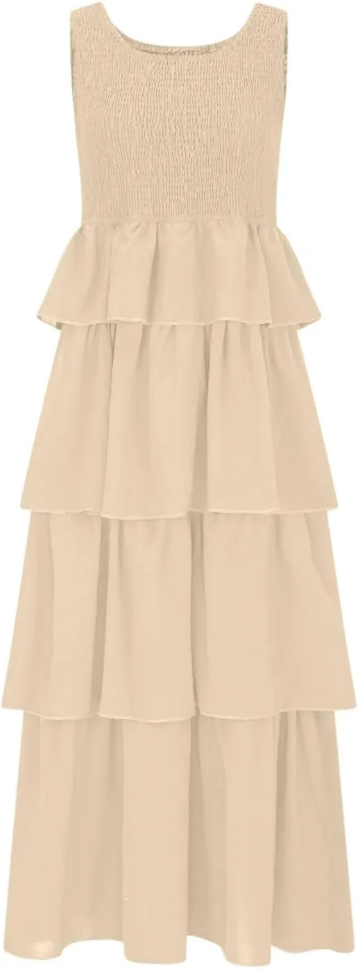 Women's Summer Sleeveless Maxi Sundress Swing Smocked Ruffle Flowy Tiered Wrap Dress Beach Travel Vacation Outfits
