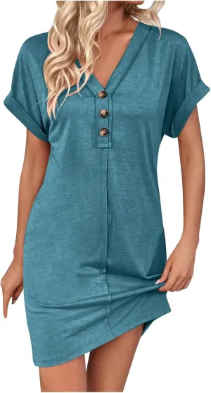 Womens Summer Tshirt Dress Short Sleeve Loose Fit Casual V Neck Shift Tunic Dress Beach Travel Vacation Sundress
