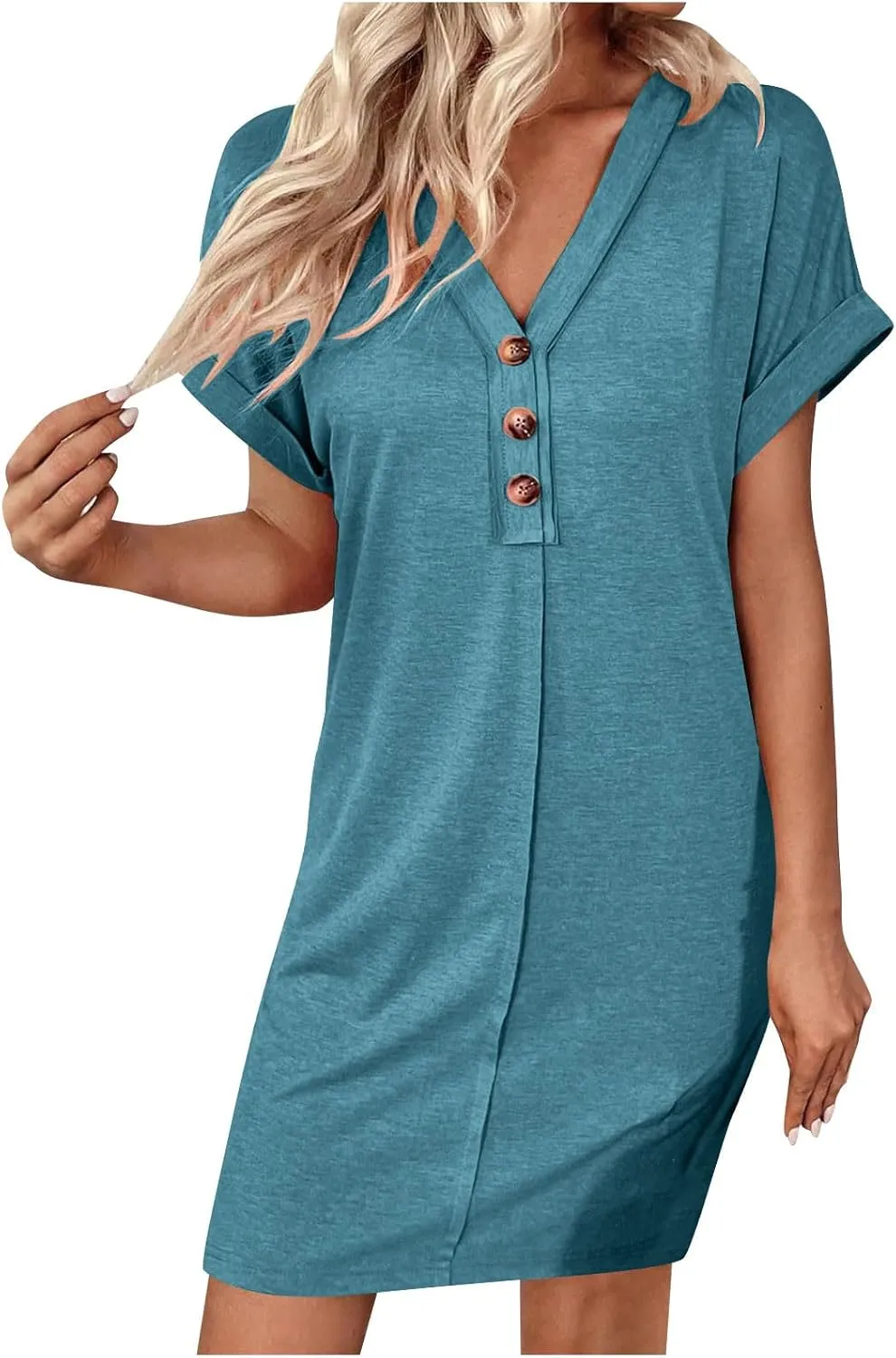 Womens Summer Tshirt Dress Short Sleeve Loose Fit Casual V Neck Shift Tunic Dress Beach Travel Vacation Sundress