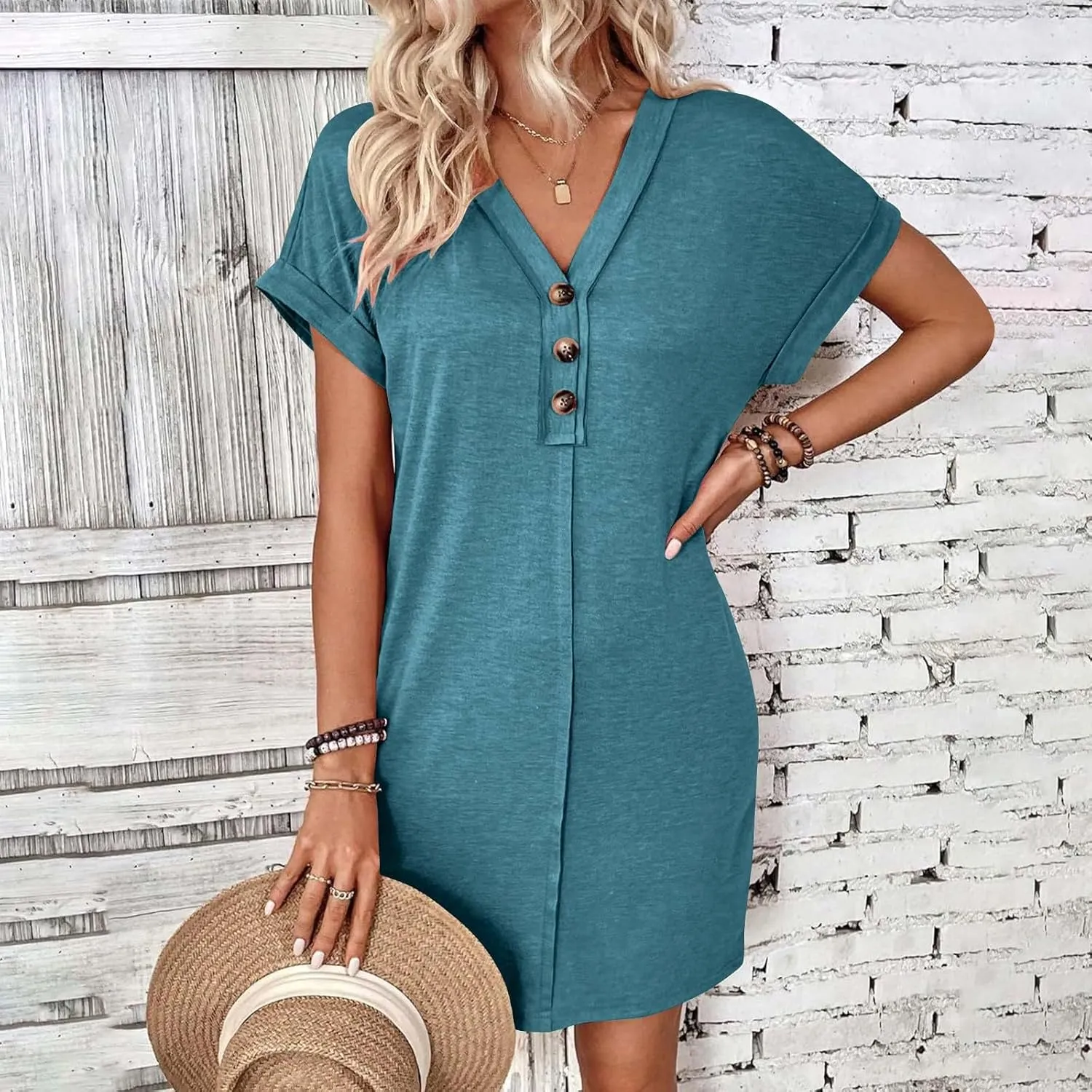 Womens Summer Tshirt Dress Short Sleeve Loose Fit Casual V Neck Shift Tunic Dress Beach Travel Vacation Sundress