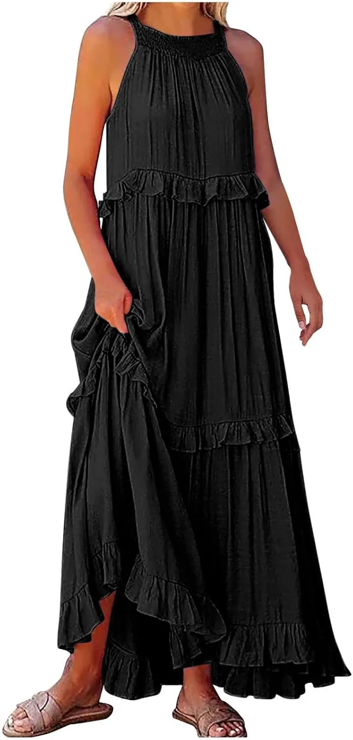 Women's Tank Dresses Cocktail Evening Party Sleeveless Sundress Flowy Swing Crewneck Ruffle Tiered Maxi Dresses
