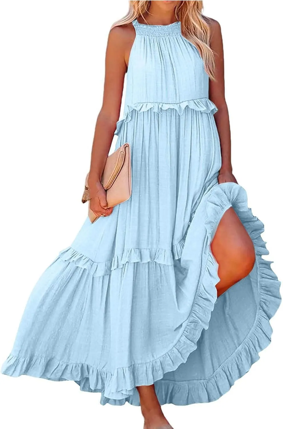 Women's Tank Dresses Cocktail Evening Party Sleeveless Sundress Flowy Swing Crewneck Ruffle Tiered Maxi Dresses
