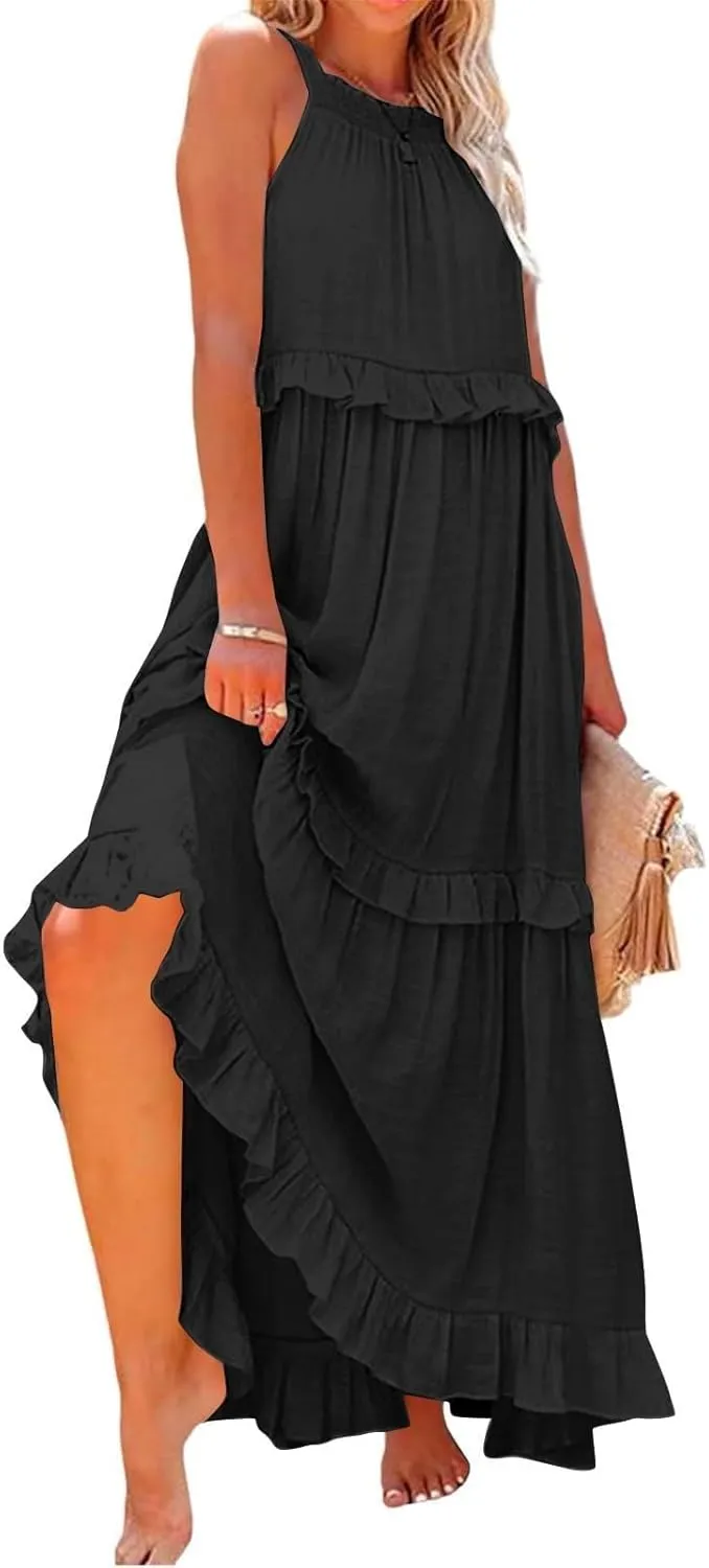 Women's Tank Dresses Cocktail Evening Party Sleeveless Sundress Flowy Swing Crewneck Ruffle Tiered Maxi Dresses