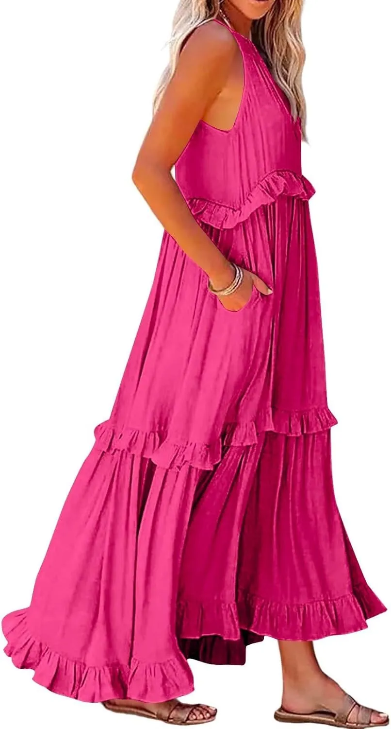 Women's Tank Dresses Cocktail Evening Party Sleeveless Sundress Flowy Swing Crewneck Ruffle Tiered Maxi Dresses