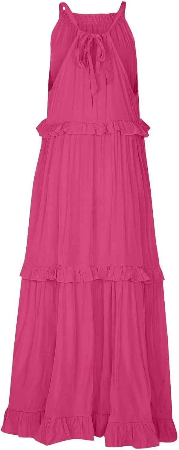 Women's Tank Dresses Cocktail Evening Party Sleeveless Sundress Flowy Swing Crewneck Ruffle Tiered Maxi Dresses