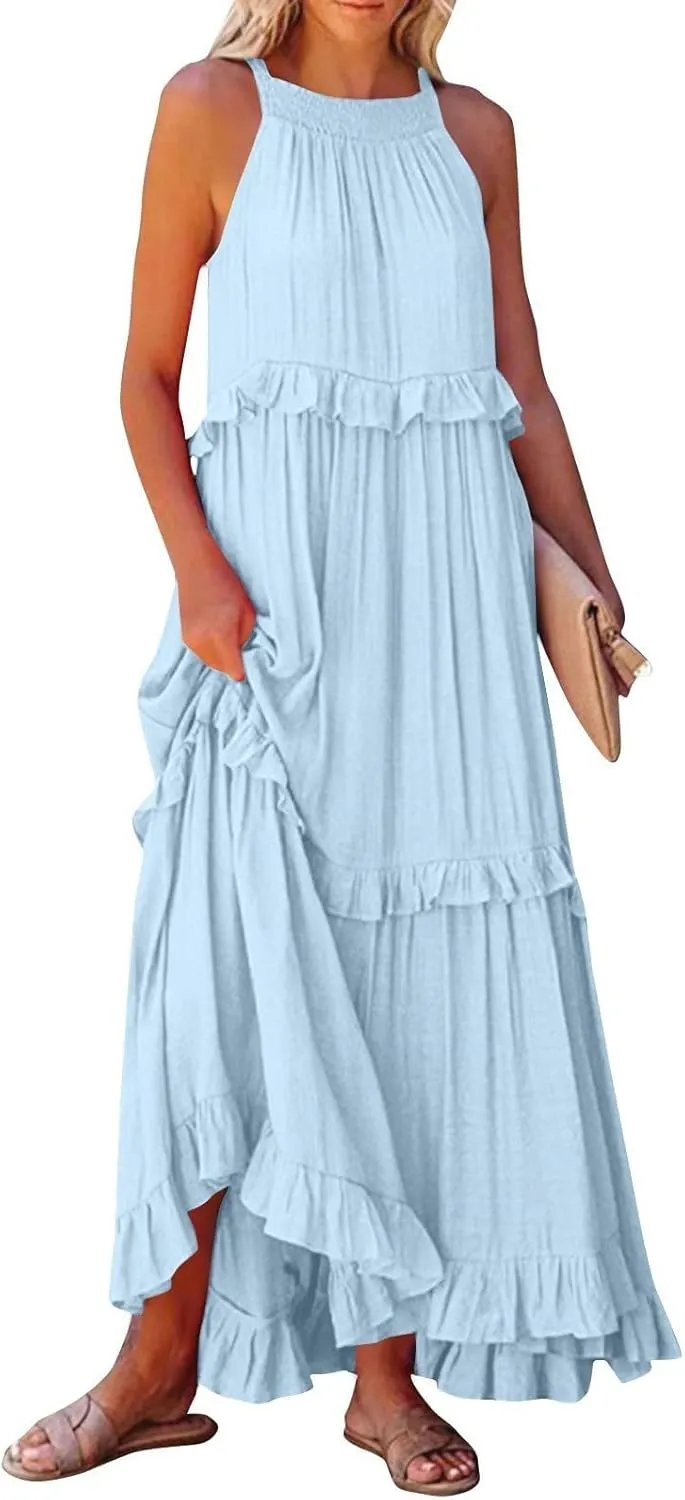 Women's Tank Dresses Cocktail Evening Party Sleeveless Sundress Flowy Swing Crewneck Ruffle Tiered Maxi Dresses