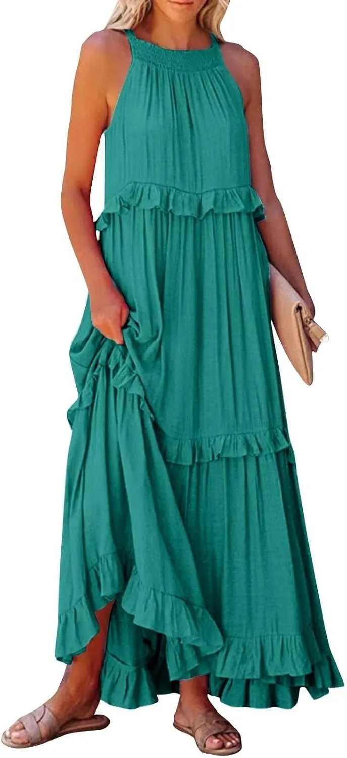 Women's Tank Dresses Cocktail Evening Party Sleeveless Sundress Flowy Swing Crewneck Ruffle Tiered Maxi Dresses