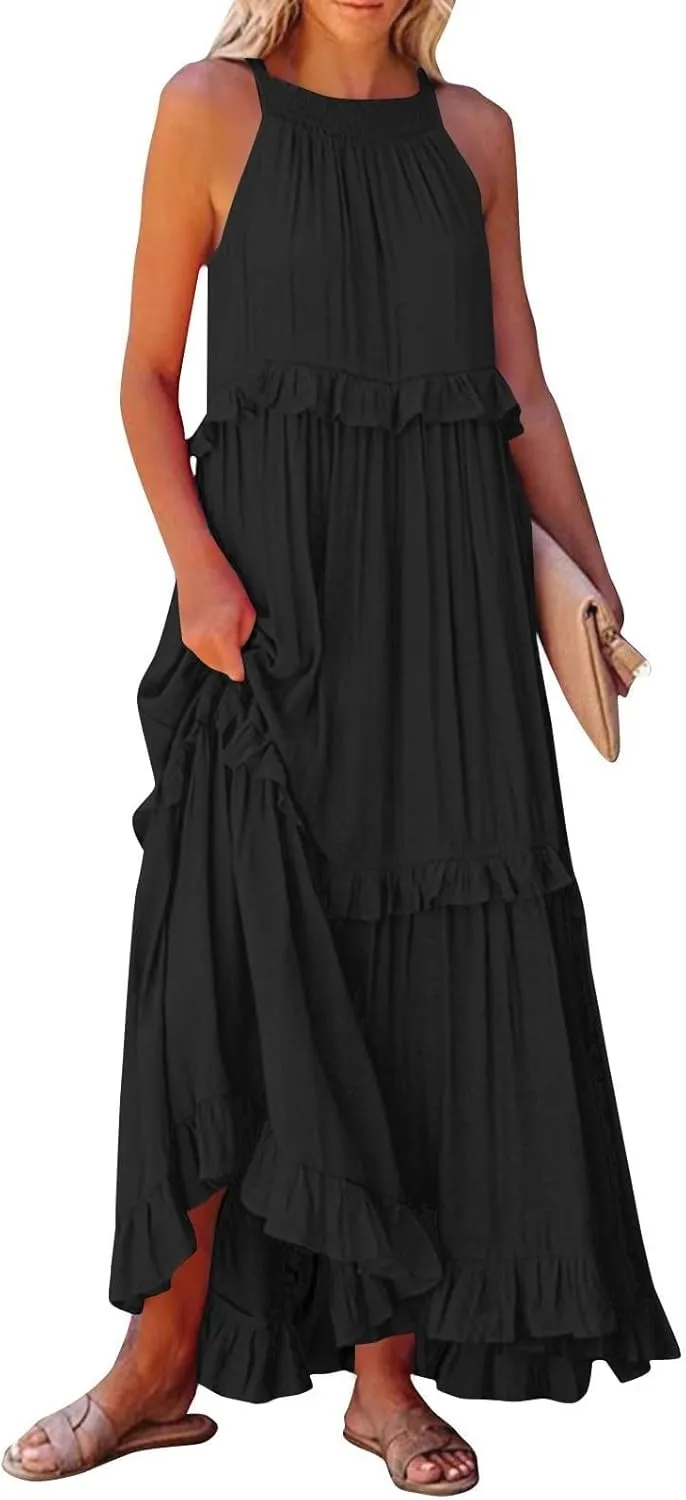 Women's Tank Dresses Cocktail Evening Party Sleeveless Sundress Flowy Swing Crewneck Ruffle Tiered Maxi Dresses