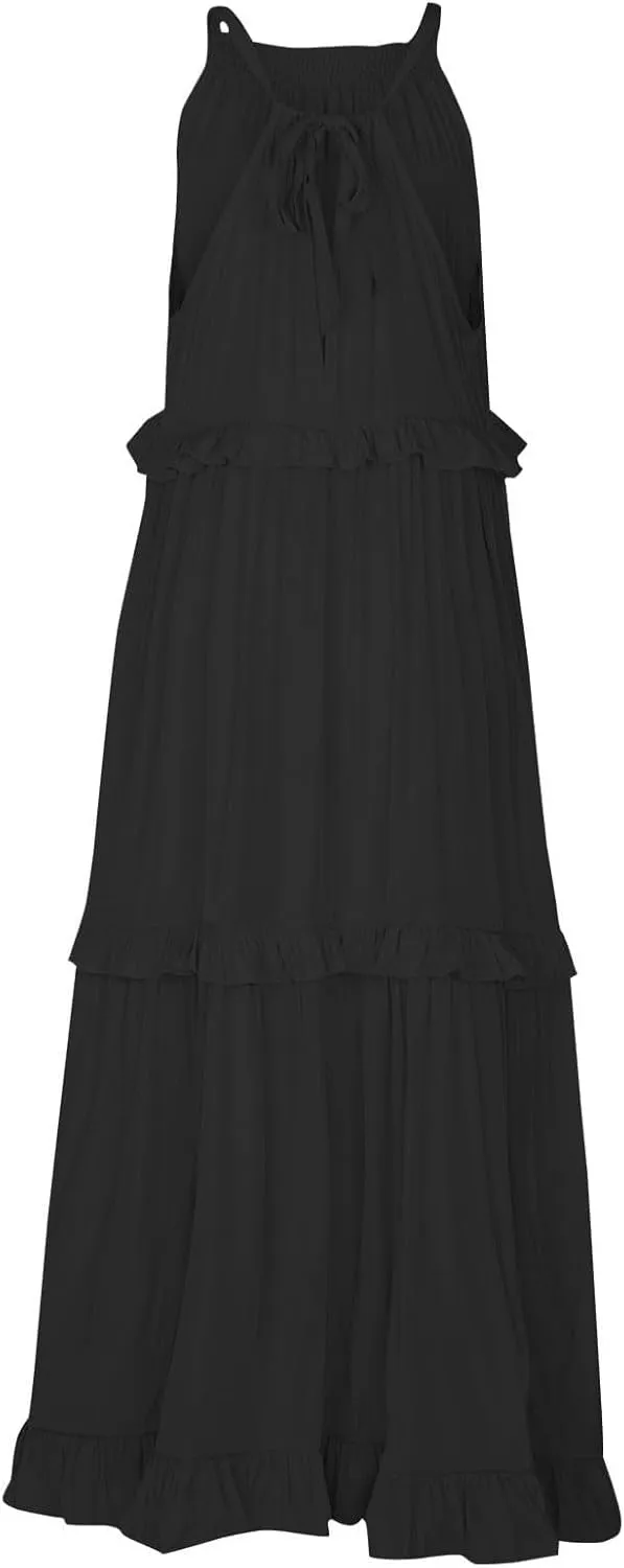 Women's Tank Dresses Cocktail Evening Party Sleeveless Sundress Flowy Swing Crewneck Ruffle Tiered Maxi Dresses