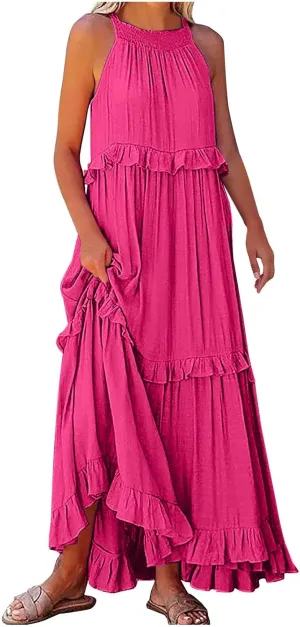 Women's Tank Dresses Cocktail Evening Party Sleeveless Sundress Flowy Swing Crewneck Ruffle Tiered Maxi Dresses