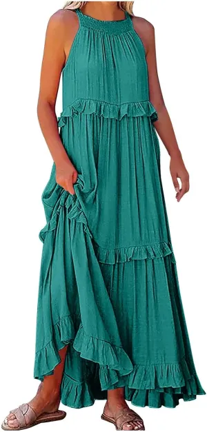 Women's Tank Dresses Cocktail Evening Party Sleeveless Sundress Flowy Swing Crewneck Ruffle Tiered Maxi Dresses