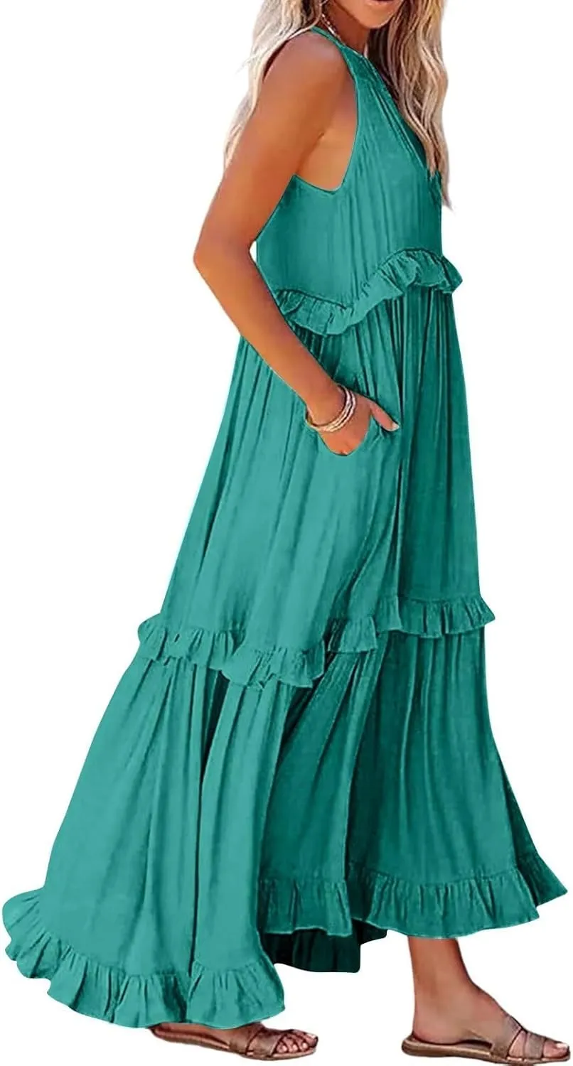 Women's Tank Dresses Cocktail Evening Party Sleeveless Sundress Flowy Swing Crewneck Ruffle Tiered Maxi Dresses