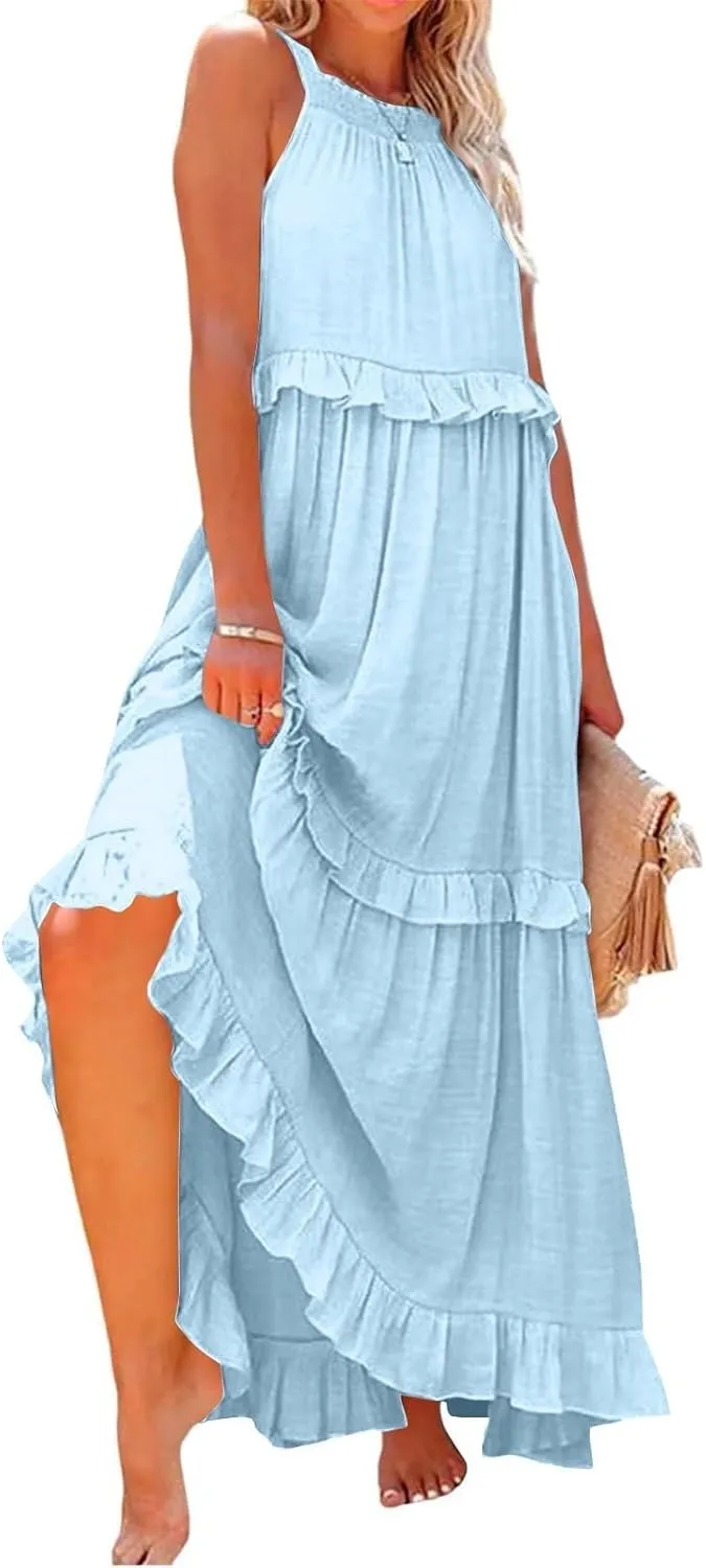 Women's Tank Dresses Cocktail Evening Party Sleeveless Sundress Flowy Swing Crewneck Ruffle Tiered Maxi Dresses