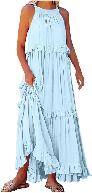 Women's Tank Dresses Cocktail Evening Party Sleeveless Sundress Flowy Swing Crewneck Ruffle Tiered Maxi Dresses