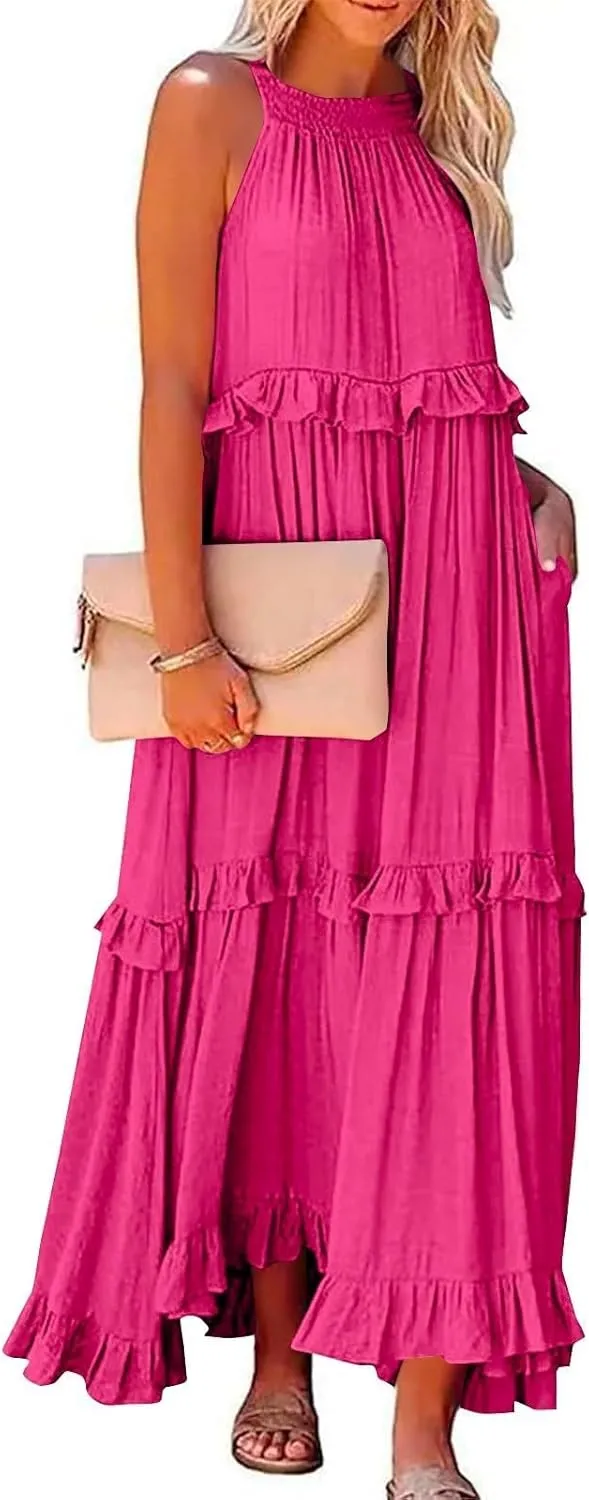 Women's Tank Dresses Cocktail Evening Party Sleeveless Sundress Flowy Swing Crewneck Ruffle Tiered Maxi Dresses