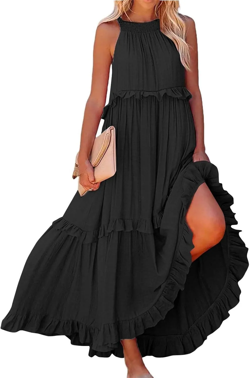 Women's Tank Dresses Cocktail Evening Party Sleeveless Sundress Flowy Swing Crewneck Ruffle Tiered Maxi Dresses