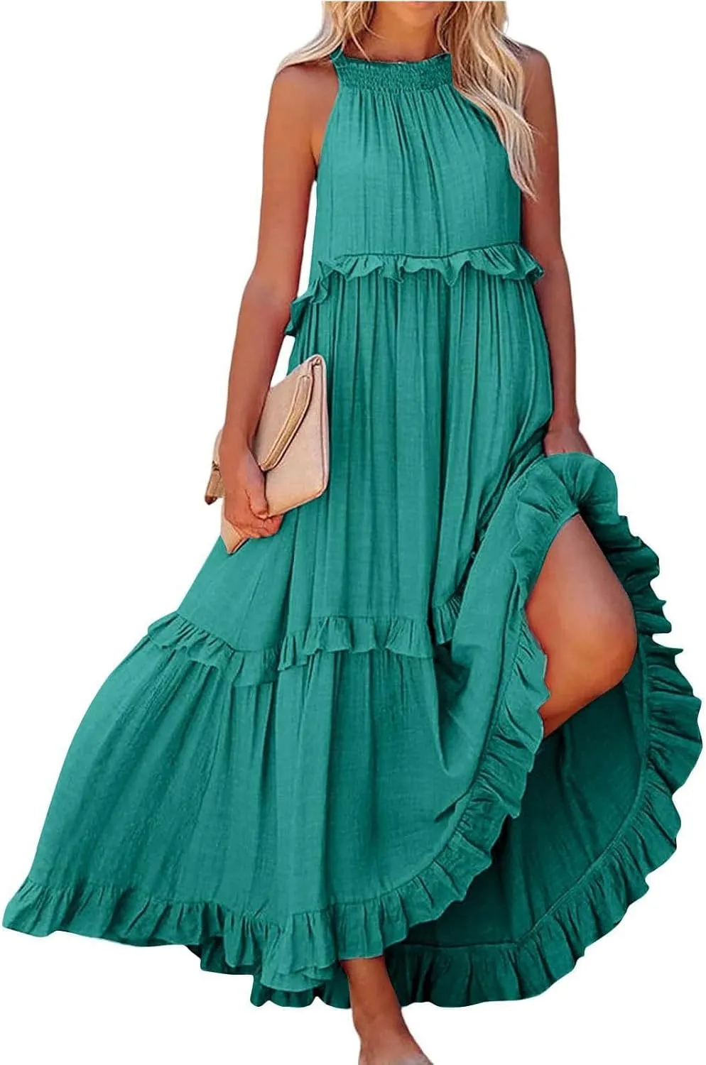 Women's Tank Dresses Cocktail Evening Party Sleeveless Sundress Flowy Swing Crewneck Ruffle Tiered Maxi Dresses