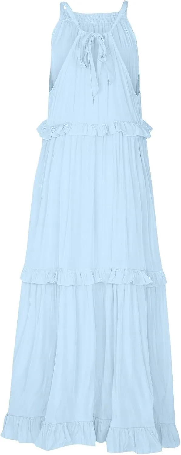 Women's Tank Dresses Cocktail Evening Party Sleeveless Sundress Flowy Swing Crewneck Ruffle Tiered Maxi Dresses