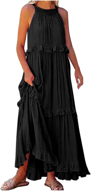 Women's Tank Dresses Cocktail Evening Party Sleeveless Sundress Flowy Swing Crewneck Ruffle Tiered Maxi Dresses