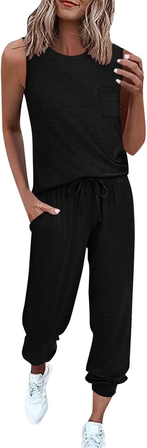 Women's Two Piece Summer Sets Tank Top Wide Leg Sweat Pants 2 Piece Outfits Matching Lounge Sets Tracksuit Sweatsuit