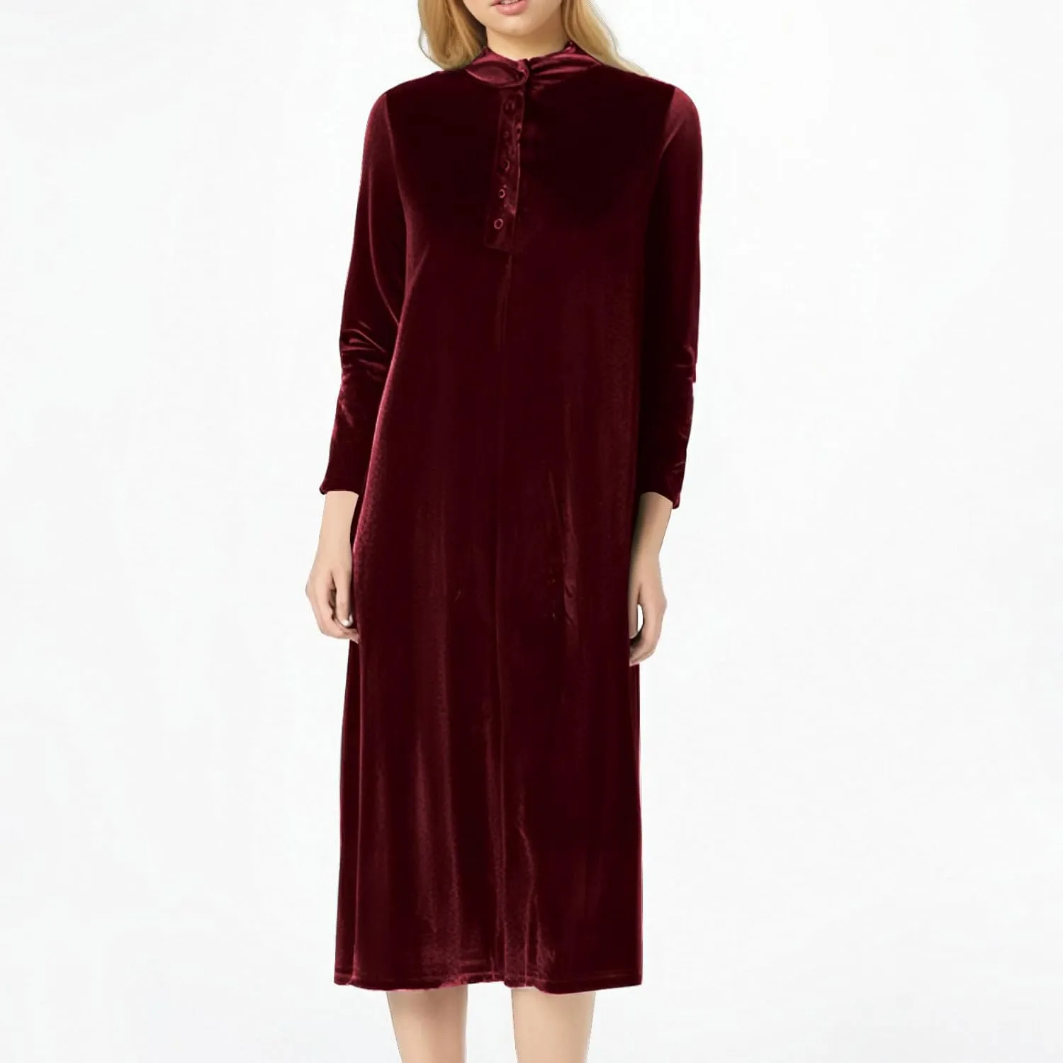 Women’s Velvet Midi Dresses Wedding Guest Cocktail Party Long Sleeve Button V Neck A Line Flowy Party Shift Dress
