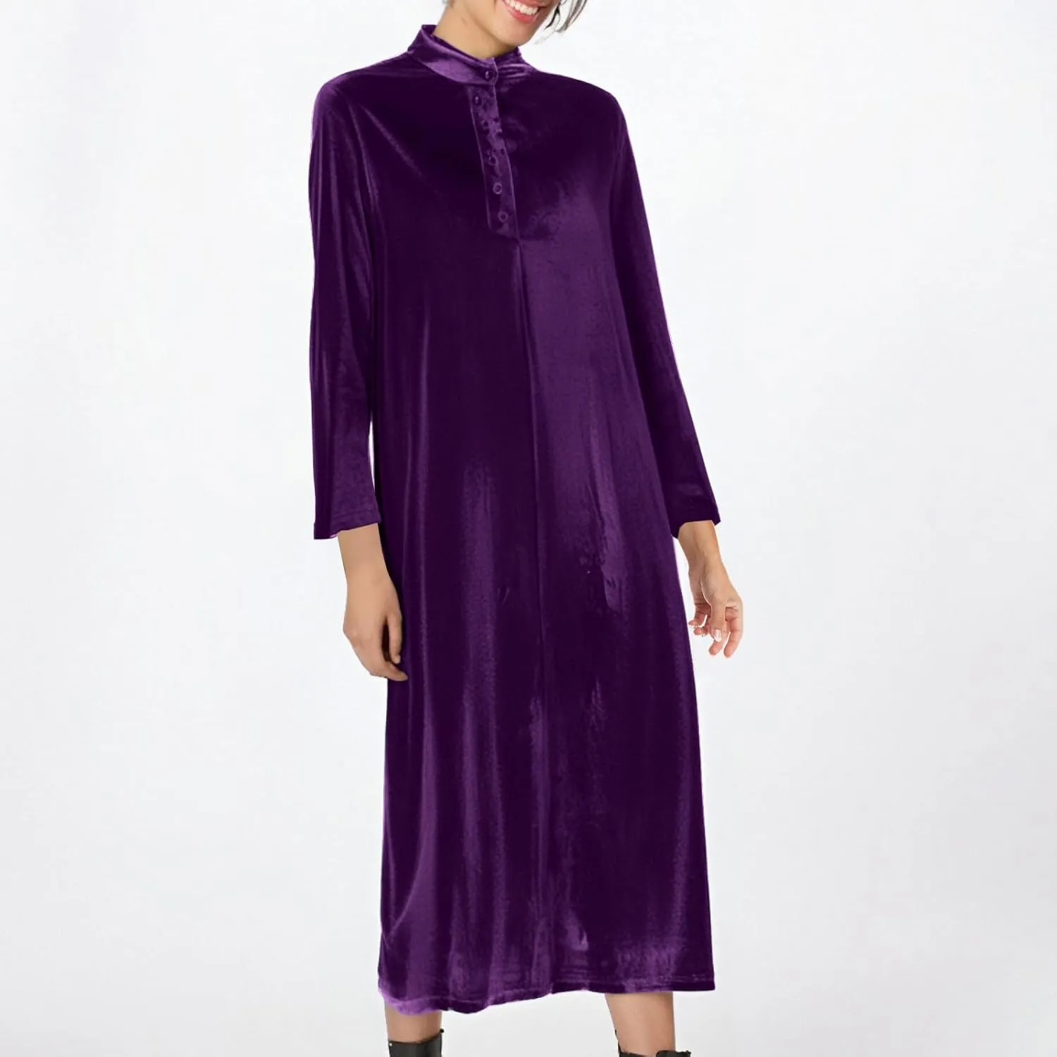 Women’s Velvet Midi Dresses Wedding Guest Cocktail Party Long Sleeve Button V Neck A Line Flowy Party Shift Dress