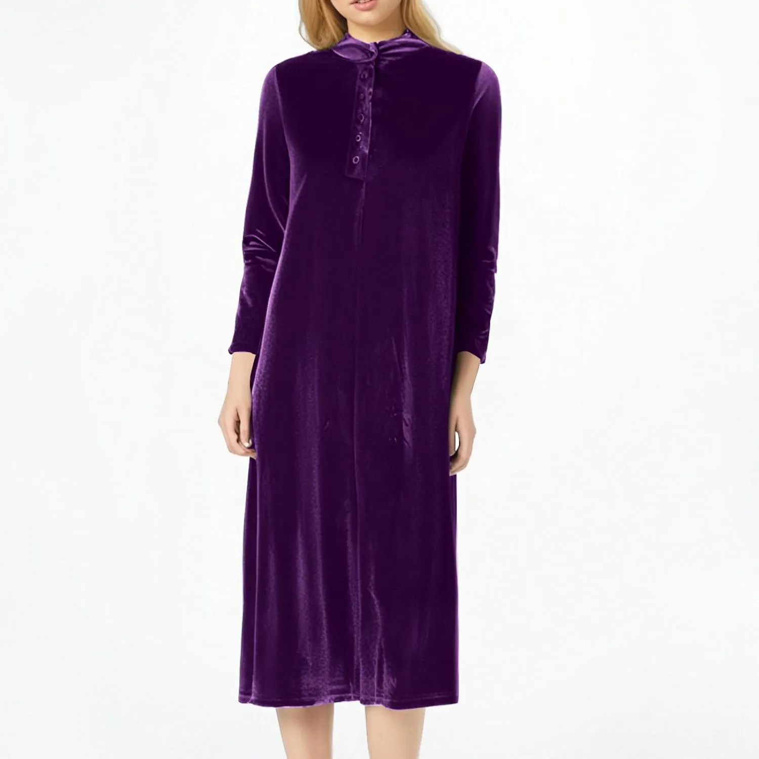 Women’s Velvet Midi Dresses Wedding Guest Cocktail Party Long Sleeve Button V Neck A Line Flowy Party Shift Dress