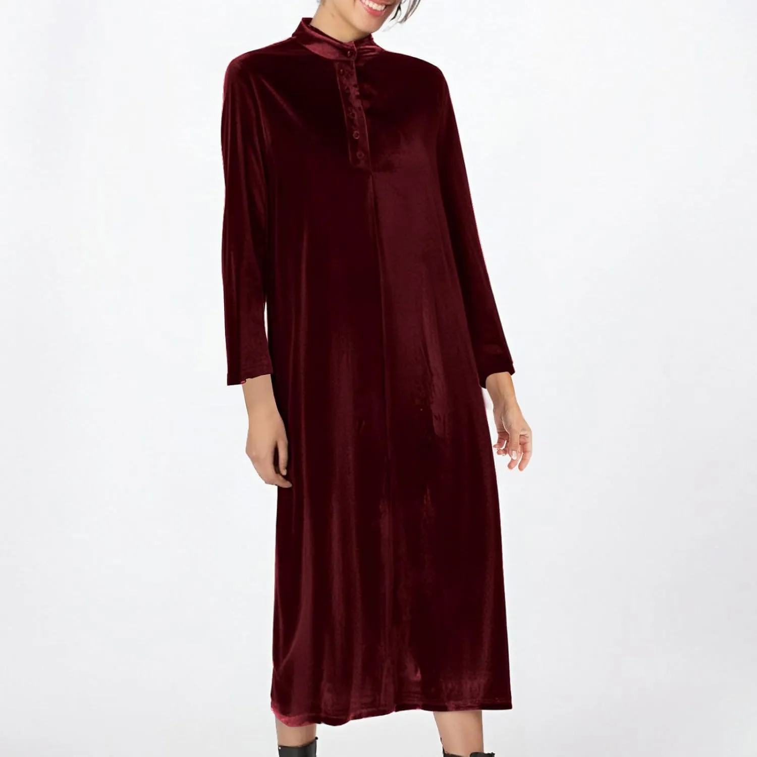 Women’s Velvet Midi Dresses Wedding Guest Cocktail Party Long Sleeve Button V Neck A Line Flowy Party Shift Dress