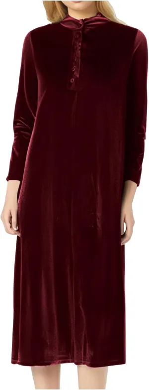 Women’s Velvet Midi Dresses Wedding Guest Cocktail Party Long Sleeve Button V Neck A Line Flowy Party Shift Dress