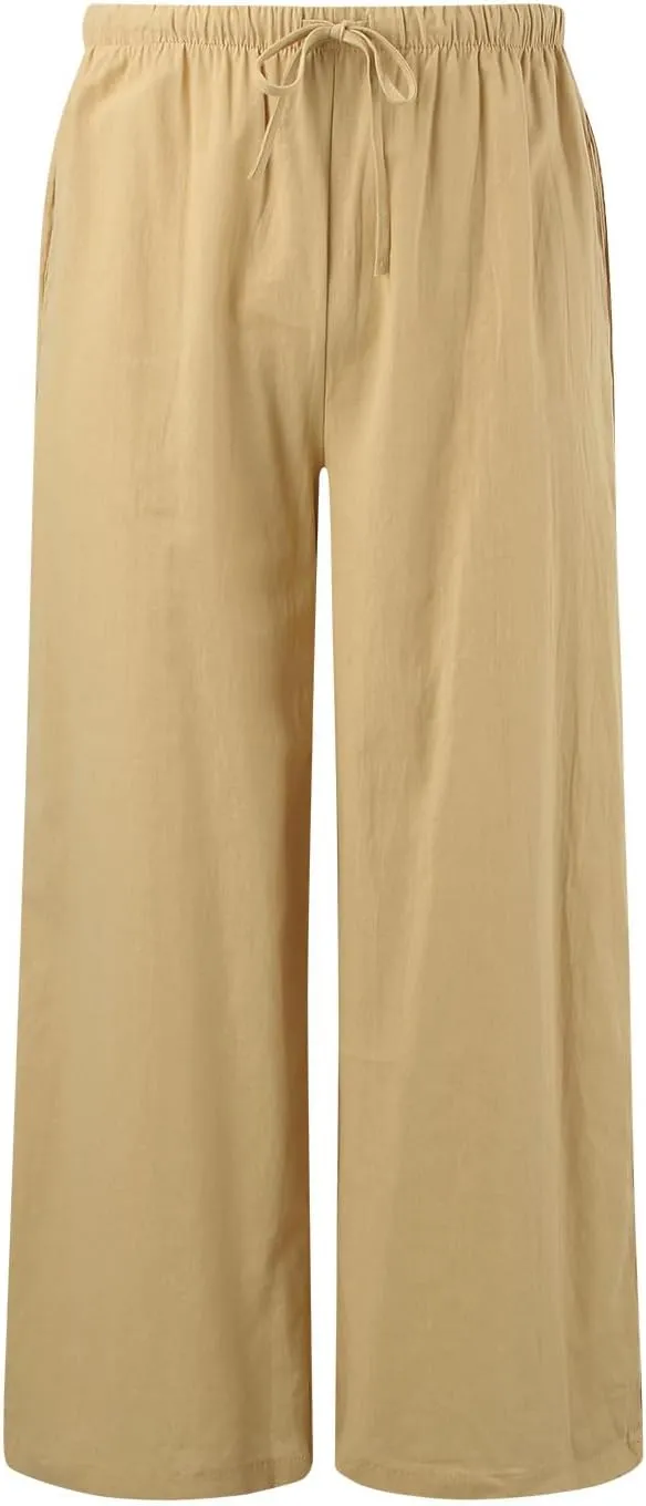 Womens Wide Leg Linen Pants Dressy Casual High Waisted Palazzo Pant Loose Cropped Trousers with Pocket