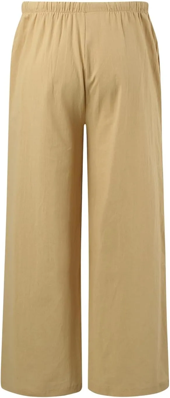 Womens Wide Leg Linen Pants Dressy Casual High Waisted Palazzo Pant Loose Cropped Trousers with Pocket