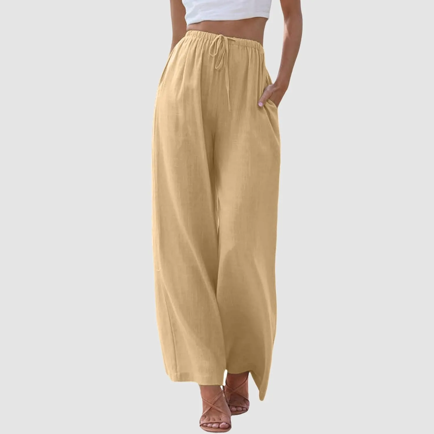 Womens Wide Leg Linen Pants Dressy Casual High Waisted Palazzo Pant Loose Cropped Trousers with Pocket