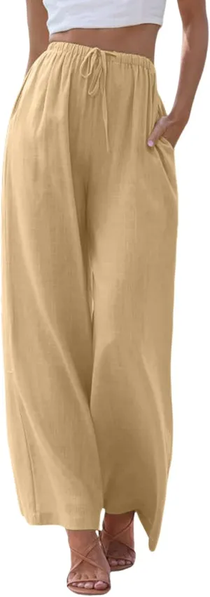 Womens Wide Leg Linen Pants Dressy Casual High Waisted Palazzo Pant Loose Cropped Trousers with Pocket