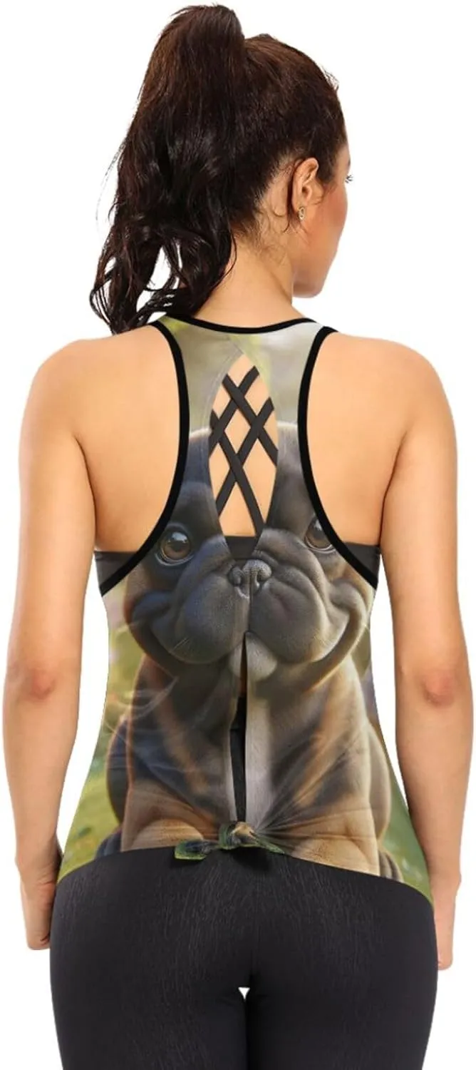 Women's Workout Tank Top French-Bulldog-grasslands-Flower Sleeveless Sport Gym Top Athletic Yoga Tank Top
