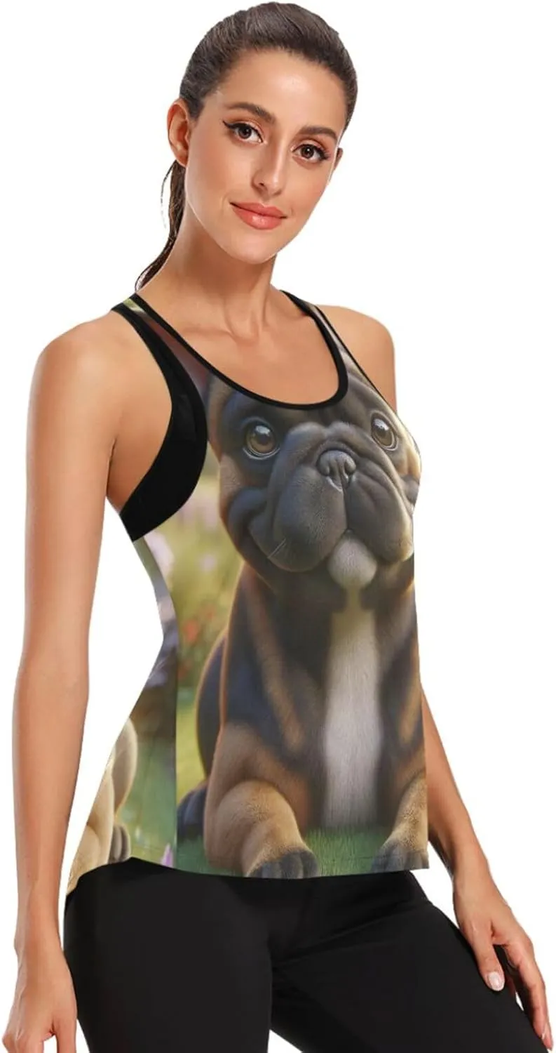 Women's Workout Tank Top French-Bulldog-grasslands-Flower Sleeveless Sport Gym Top Athletic Yoga Tank Top