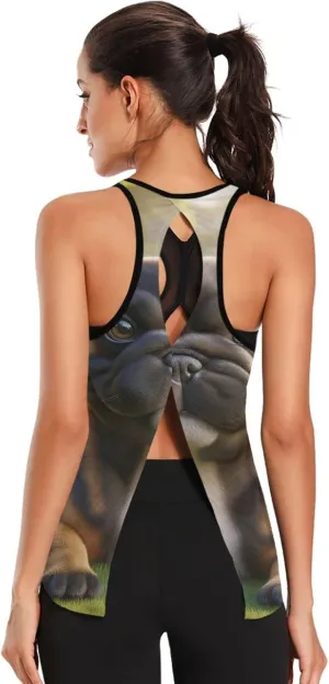 Women's Workout Tank Top French-Bulldog-grasslands-Flower Sleeveless Sport Gym Top Athletic Yoga Tank Top
