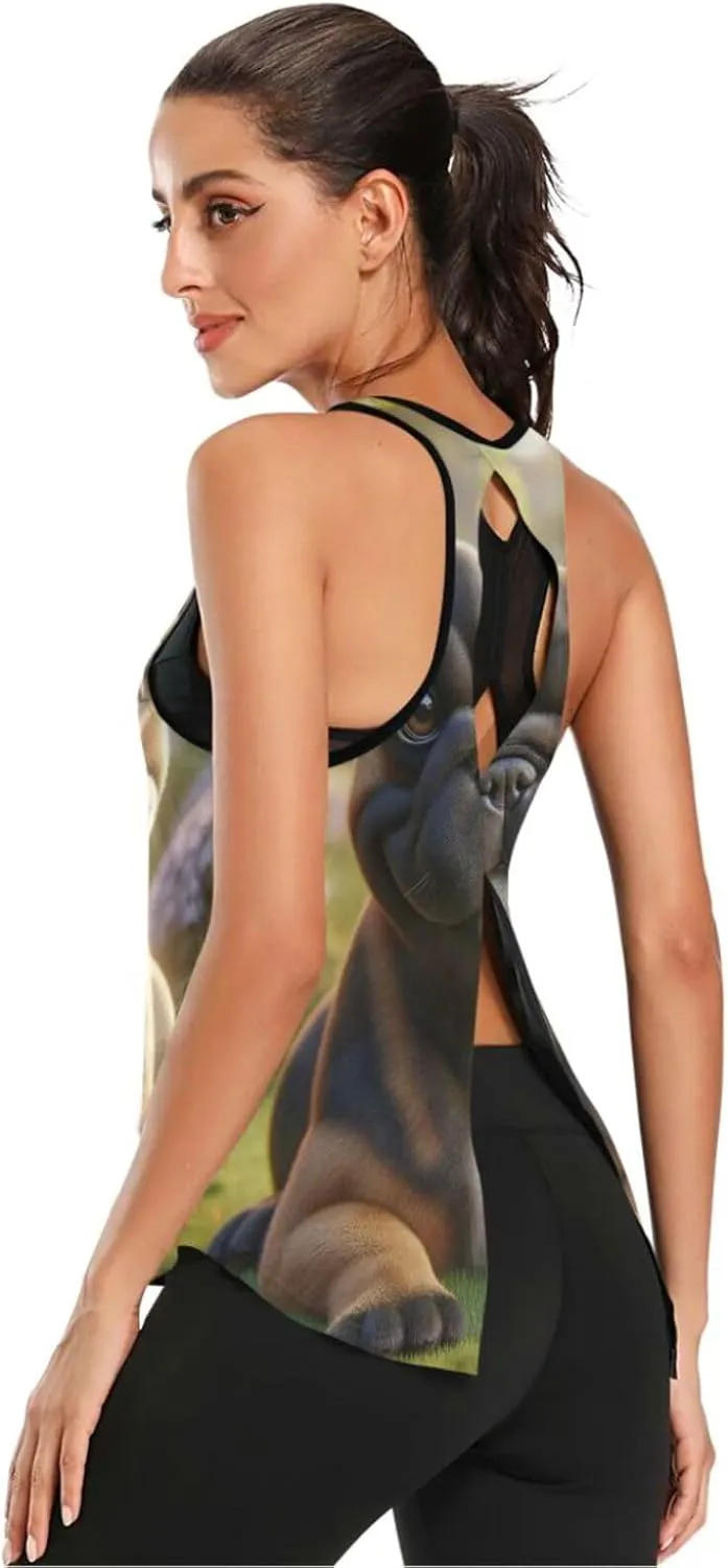 Women's Workout Tank Top French-Bulldog-grasslands-Flower Sleeveless Sport Gym Top Athletic Yoga Tank Top