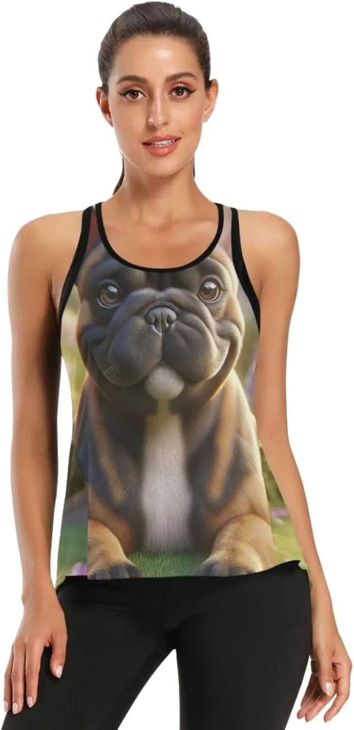 Women's Workout Tank Top French-Bulldog-grasslands-Flower Sleeveless Sport Gym Top Athletic Yoga Tank Top