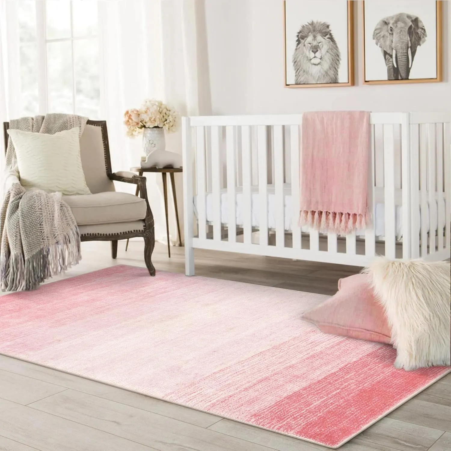 Wonnitar Washable 3x5 Area Rug, Pink Rugs for Girls Bedroom, Contemporary Ombre Nursery Soft Mat for Baby Girl, Modern Non-Skid Faux Wool Indoor Carpet for Bathroom Dorm Bedside (Pink,3'x5')