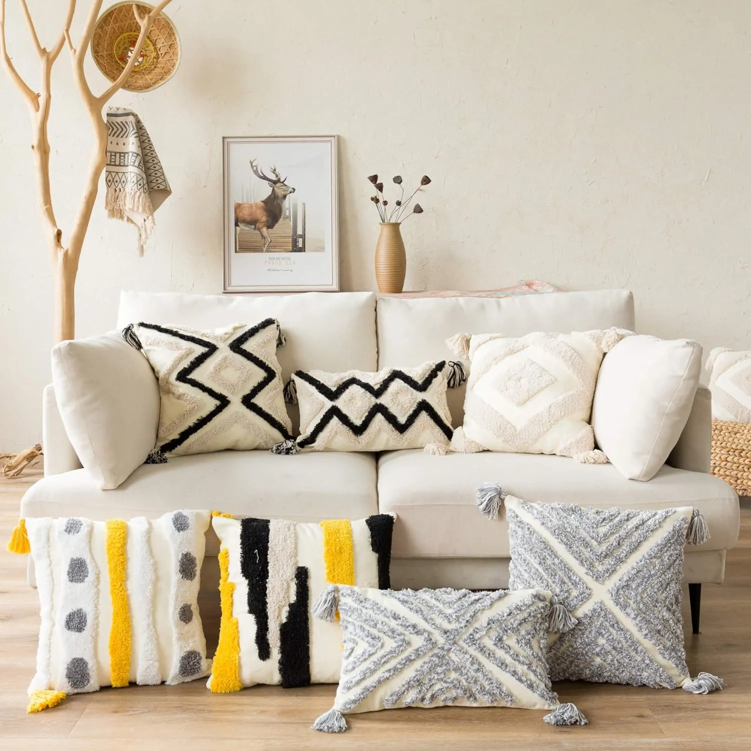 Woven Tufted Boho Throw Pillow Cover, Modern Decorative Geometric Irregular Black Ivory Yellow Striped Lines Cushion, Farmhouse Tribal Pillowcases for Couch Sofa Bedroom Living Room, 18 x 18 Inches