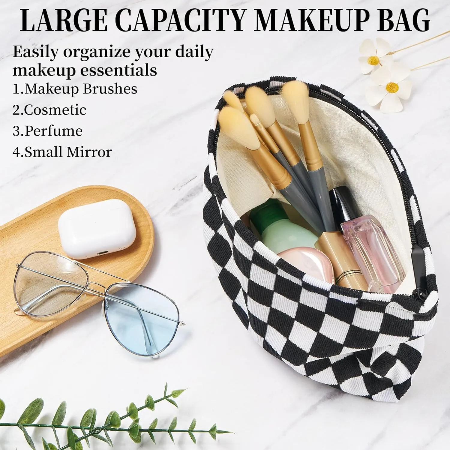 WOZEAH Corduroy Makeup Bag for Purse Small Cosmetic Pouch,Stylish Zipper Make up Pouch Travel Canvas Toiletry Bags(Black Checkered)