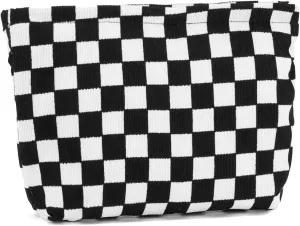 WOZEAH Corduroy Makeup Bag for Purse Small Cosmetic Pouch,Stylish Zipper Make up Pouch Travel Canvas Toiletry Bags(Black Checkered)