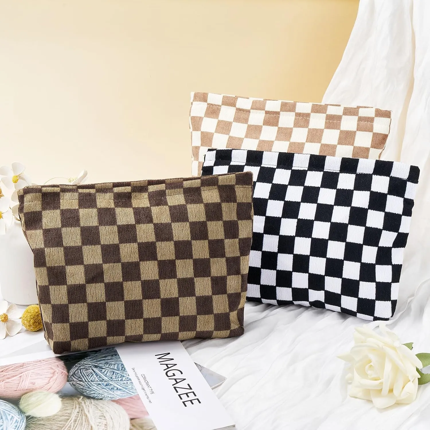 WOZEAH Corduroy Makeup Bag for Purse Small Cosmetic Pouch,Stylish Zipper Make up Pouch Travel Canvas Toiletry Bags(Black Checkered)