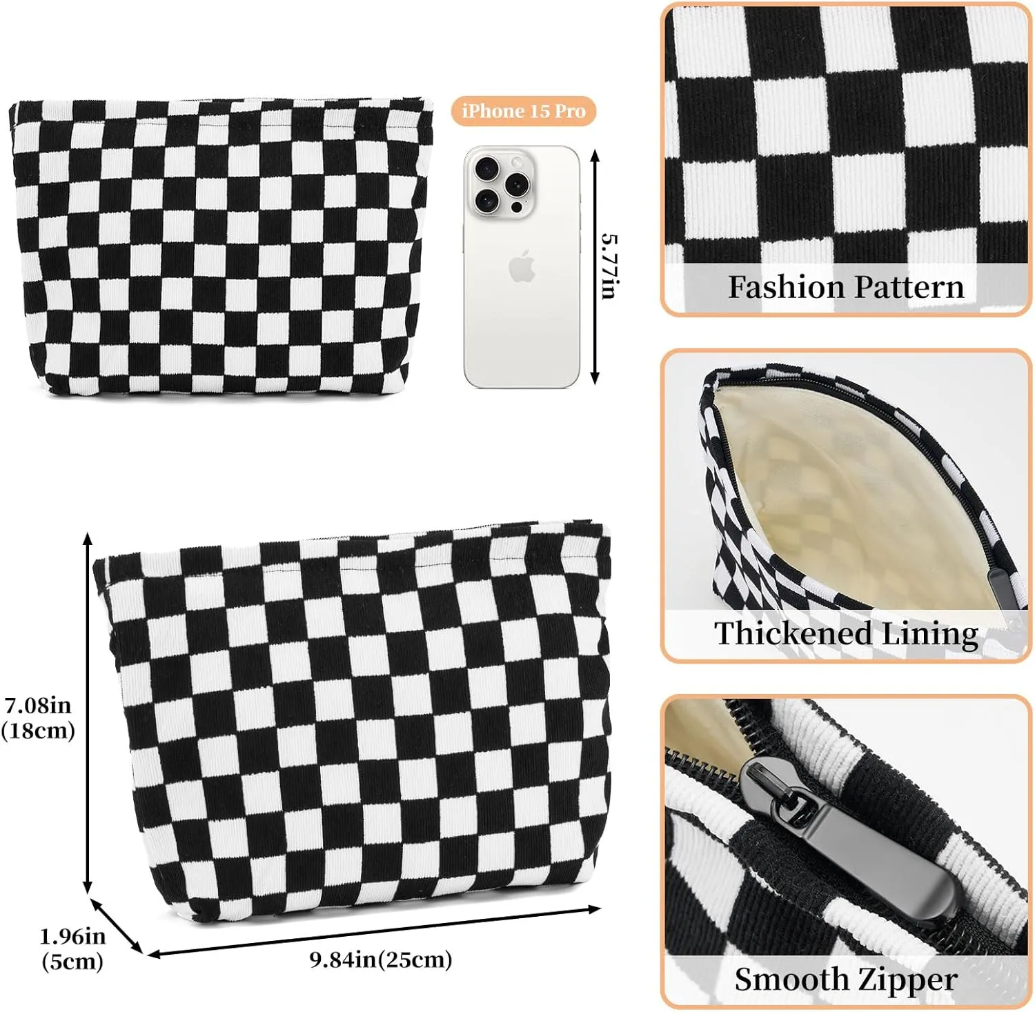 WOZEAH Corduroy Makeup Bag for Purse Small Cosmetic Pouch,Stylish Zipper Make up Pouch Travel Canvas Toiletry Bags(Black Checkered)