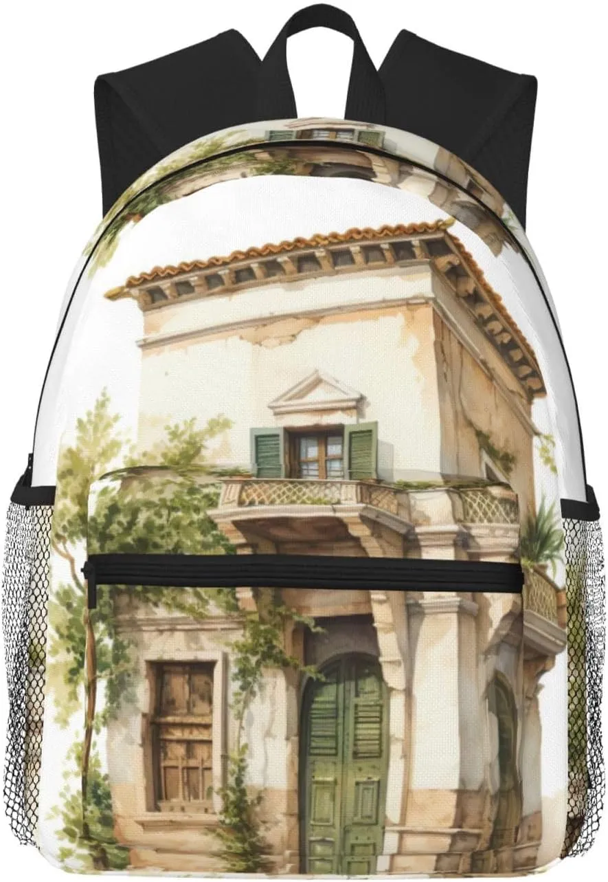WURTON Antique Building With Roman Olive Branch And Greek Print Backpack Versatile Casual Bag For Travel, Work Sports Fashionable,Backpacks