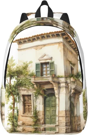WURTON Antique Building With Roman Olive Branch And Greek Print Large Backpack Casual Laptop Backpack Computer Bag Travel Daypack For Women Men