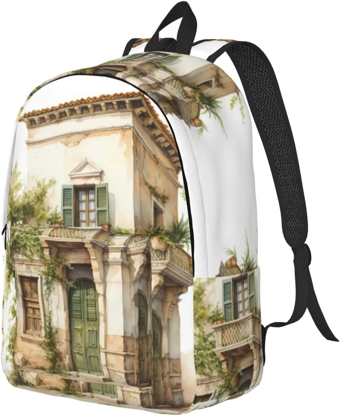 WURTON Antique Building With Roman Olive Branch And Greek Print Large Backpack Casual Laptop Backpack Computer Bag Travel Daypack For Women Men