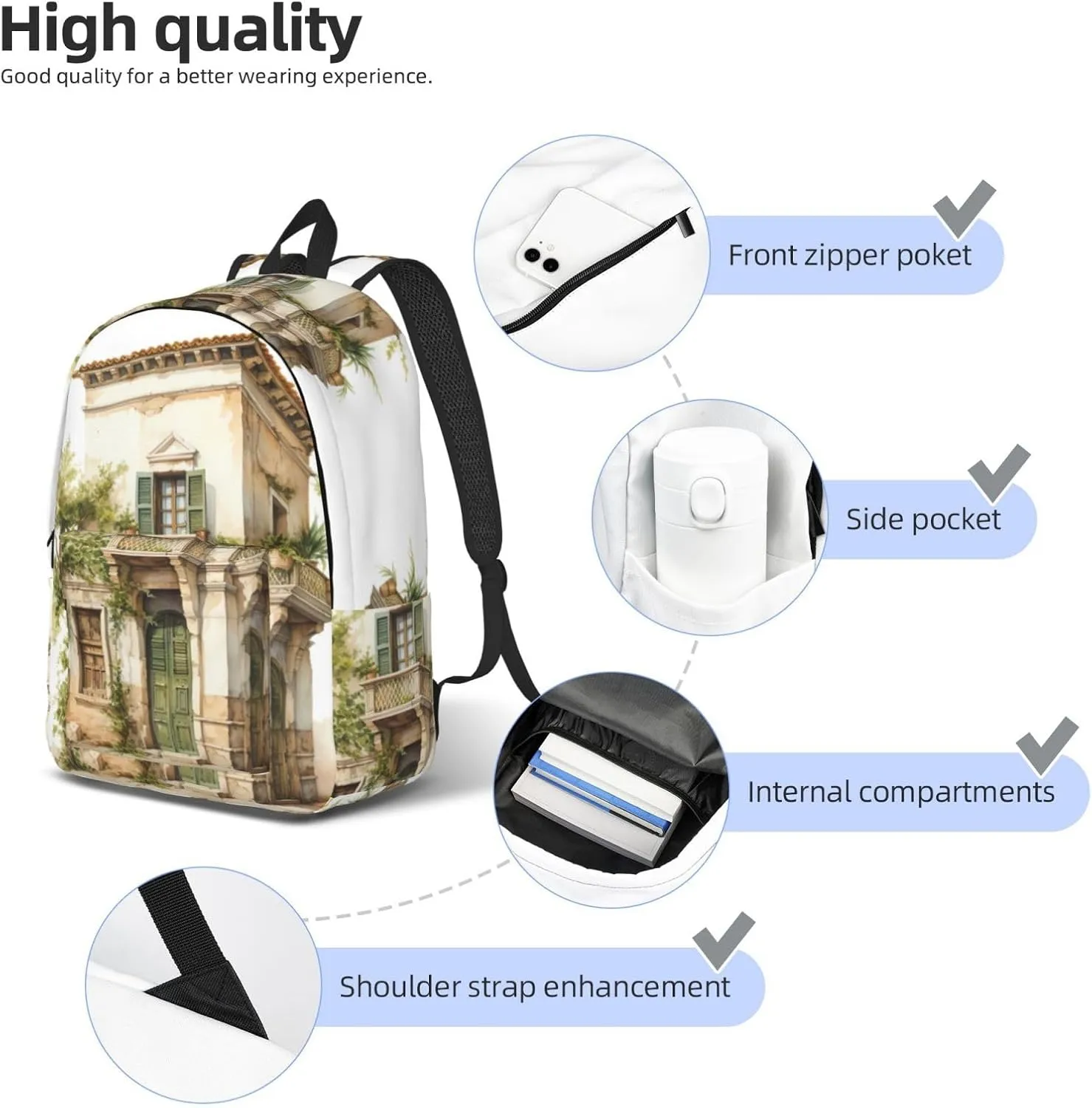 WURTON Antique Building With Roman Olive Branch And Greek Print Large Backpack Casual Laptop Backpack Computer Bag Travel Daypack For Women Men