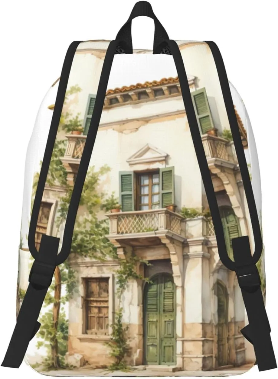 WURTON Antique Building With Roman Olive Branch And Greek Print Large Backpack Casual Laptop Backpack Computer Bag Travel Daypack For Women Men